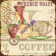 Ilustración de una tetera decorada con flores y una taza de café, destacando el texto "French Roast" y "Fresh made Coffee".