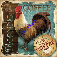 Ilustración de un gallo con el texto "Morning Coffee" y un sello que dice "Brewed Locally Premium Coffee".