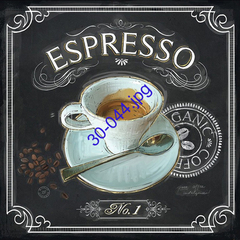 Ilustración de una taza de espresso con un platillo y una cuchara, rodeada de granos de café y un diseño decorativo.