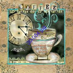 Ilustración artística de una taza de café con un reloj antiguo y el texto "Siempre hay tiempo para un café".