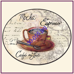 Ilustración de una taza de café mocha con un plato y una cuchara, sobre un fondo de escritura antigua.