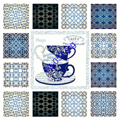 Collage de patrones decorativos en tonos azul y blanco con una taza de café decorada en el centro.