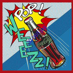 Botella de Coca-Cola en estilo pop art, con explosiones de color y texto que dice "POP!" y "WEEZZZ!".