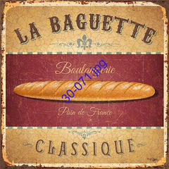 Cartel vintage que muestra una baguette con el texto "La Baguette", "Boulangerie", "Pain de France" y "Classique".