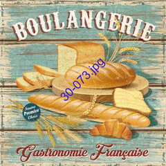 Cartel vintage de boulangerie con diferentes tipos de pan y espigas de trigo sobre un fondo de madera