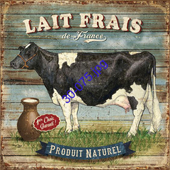 Ilustración de una vaca lechera en un fondo de madera, con el texto "Lait Frais de France".