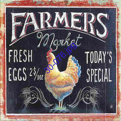 Pintura de un mercado de agricultores con un pollo y el texto "FARMERS MARKET", "HUEVOS FRESCOS 2$ DOZ" y "ESPECIAL DEL DÍA".