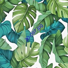 Fondo con hojas de plantas tropicales en tonos verdes y azules.