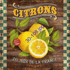 Ilustración de limones sobre fondo de madera con hojas verdes y texto decorativo en francés.