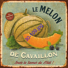 Ilustración vintage de melones de Cavaillon, mostrando un melón entero y una porción cortada con hojas verdes.