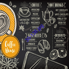 Ilustración de un menú de café que incluye opciones de bebidas, bocados y postres, con un diseño artístico en fondo negro.