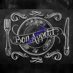 Lámina para decoupage con un diseño de pizarra que dice "Bon appétit" rodeado de utensilios de cocina.