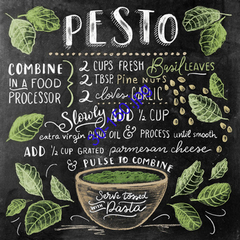 Lámina de decoupage con receta de pesto sobre fondo negro, incluyendo ingredientes y pasos para su preparación.