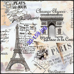 Lámina de decoupage con ilustraciones de la Torre Eiffel y el Arco de Triunfo, en un fondo de mapas y textos relacionados con París.