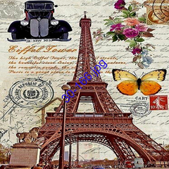 Lámina de decoupage con la Torre Eiffel, flores, una mariposa y un coche antiguo, ideal para proyectos artísticos.