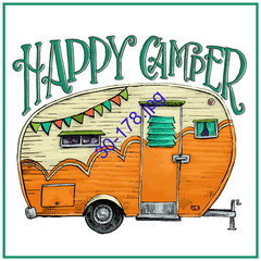 Lámina para decoupage con ilustración de una caravana colorida y el texto "HAPPY CAMPER".