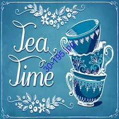 Lámina decorativa de decoupage con tazas apiladas y el texto "Tea Time".