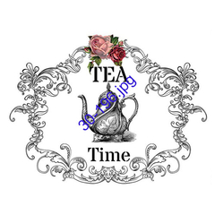 Lámina de decoupage con un diseño vintage que incluye una tetera y la frase "TEA Time".