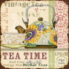 Lámina para decoupage que muestra una tetera decorada con girasoles y una taza, con un diseño vintage que incluye palabras como "Tea Time" y "Sugar".