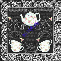 Lámina decorativa de decoupage con diseño de tetera y tazas, temática de té.