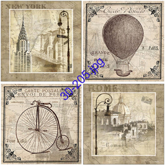 Láminas para decoupage de 30 x 30 cm con ilustraciones de Nueva York, un globo aerostático, una bicicleta antigua y Roma.