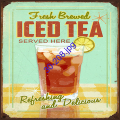 Lámina decorativa que muestra un vaso de té helado con rodaja de limón, texto que dice "Fresh Brewed ICED TEA" y "Refreshing and Delicious".