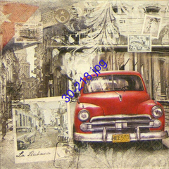 Lámina de decoupage con un coche rojo clásico y un fondo de calle antigua, ideal para manualidades.