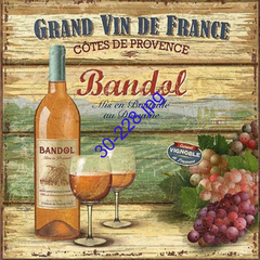 Lámina para decoupage con ilustración de vino Bandol y uvas, 30 x 30 cm.