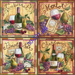 Láminas decorativas para decoupage con motivos de vinos y frutas, incluyendo Cabernet, Merlot, Pinot Noir y Chardonnay.