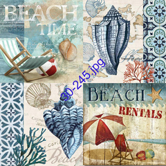 Lámina para decoupage con temática de playa, incluye imágenes de conchas, sillas de playa y elementos marinos.