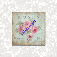 Lámina para decoupage con diseño de rosas en tonos rosa sobre fondo azul, con texto que dice "ROSES" y "Bouquets 50c".