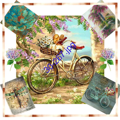 Lámina para decoupage de una bicicleta con flores y cuatro imágenes decorativas alrededor.