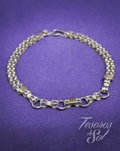 P 589 - Pulsera de Plata 925 - Cadena Payasón (6 mm) con argollas, eslabones dobles rígidos y detalles de oro