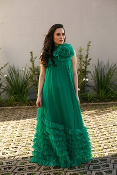 LOCAÇÃO Vestido verde com flor no pescoço - comprar online