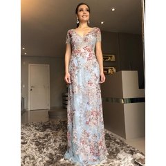 Imagem do LOCAÇÃO Vestido Azul com Mangas Bordado Floral