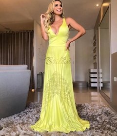 LOCAÇÃO Vestido Amarelo Néon Plissado