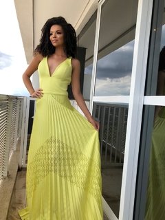 LOCAÇÃO Vestido Amarelo Néon Plissado - Brilliê