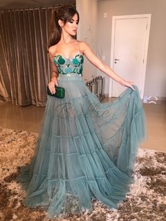 LOCAÇÃO Vestido Tule Verde Oliva Corselet