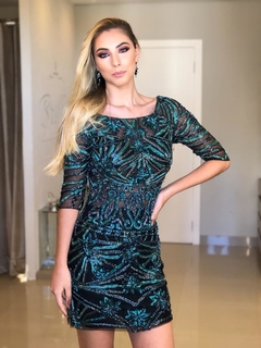 LOCAÇÃO Vestido Curto Verde e Preto Bordado - Brilliê