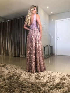 LOCAÇÃO Vestido Princesa Rosa com Flores 3D - comprar online