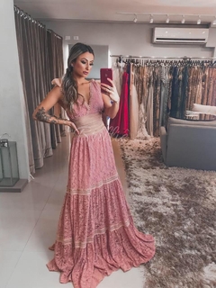 LOCAÇÃO Vestido Romantic Renda Rosa