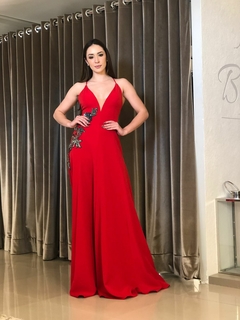 LOCAÇÃO Vestido vermelho malha encorpada e bordado flor lateral - comprar online