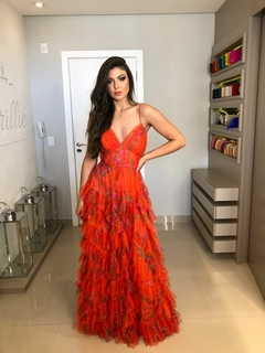 LOCAÇÃO Vestido Laranja Estampado Floral