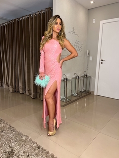 LOCAÇÃO Vestido Pink em Paetês Sereia Ombro Único - comprar online