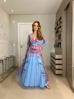 Imagem do LOCAÇÃO Vestido azul estampado floral e manga longa