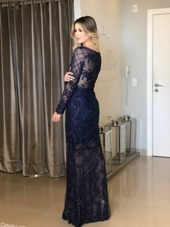 LOCAÇÃO Vestido Bordado Azul Fenda - loja online