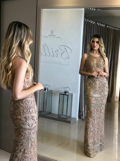 LOCAÇÃO Vestido Bordado Nude e Verde - loja online