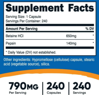 Betaine HCL + Pepsin 790 mg x 240 caps - Nutricost - comprar online