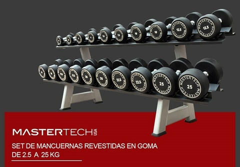 Mancuernas Redondas Engomadas (2,5 kg a 25 kg) + Mancuernero ELIX PRO - Mastertech