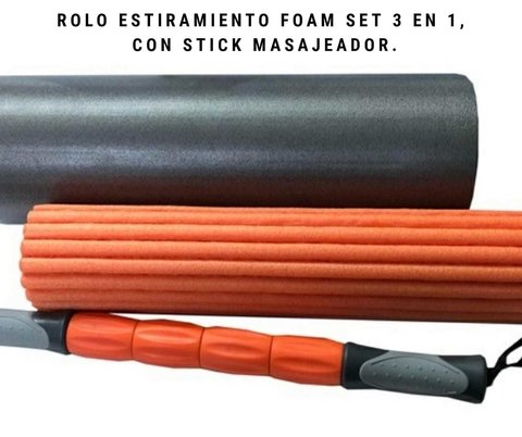 Rolo Estiramiento Foam SET 3 en 1 con stick masajeador (45cm x 15cm) - MM Fitness